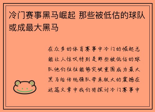 冷门赛事黑马崛起 那些被低估的球队或成最大黑马