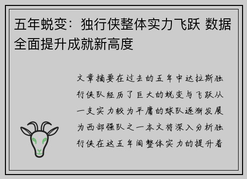 五年蜕变：独行侠整体实力飞跃 数据全面提升成就新高度